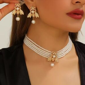 Vintage Pearl Gold Bee Multilayer Choker Necklace&Earnings Set